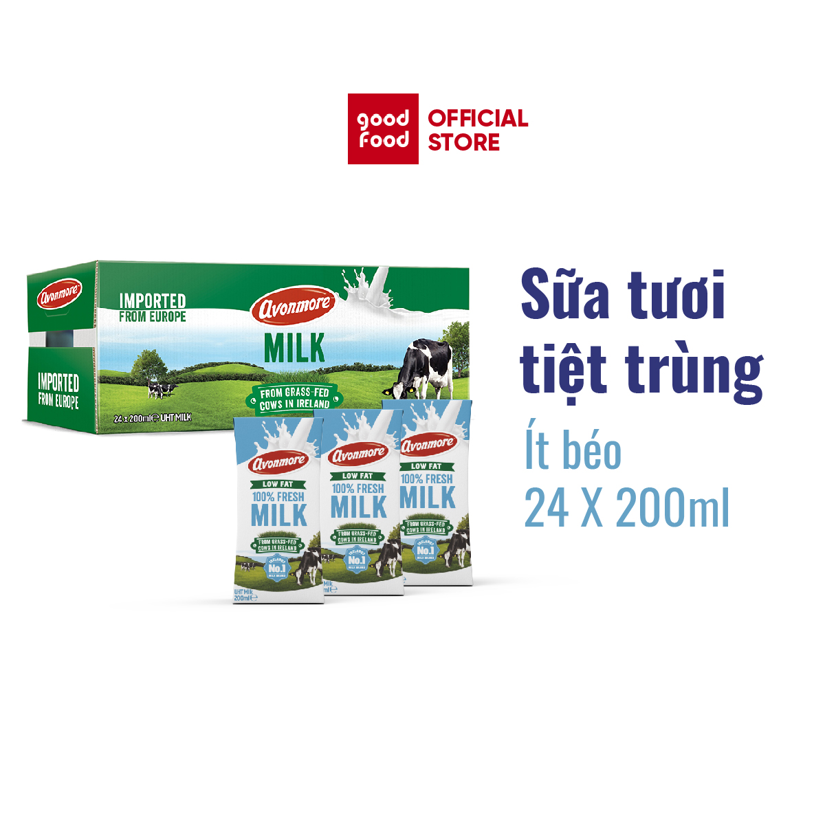 Thùng 24 hộp Sữa tươi ít béo tiệt trùng (không đường) Avonmore UHT Low Fat Milk 200ml giàu chất dinh dưỡng