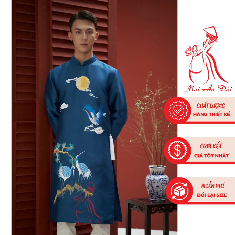 Áo dài nam cách tân truyền thống xanh cổ vịt, xanh navi hoạ tiết thêu HẠC - Mai Áo Dài