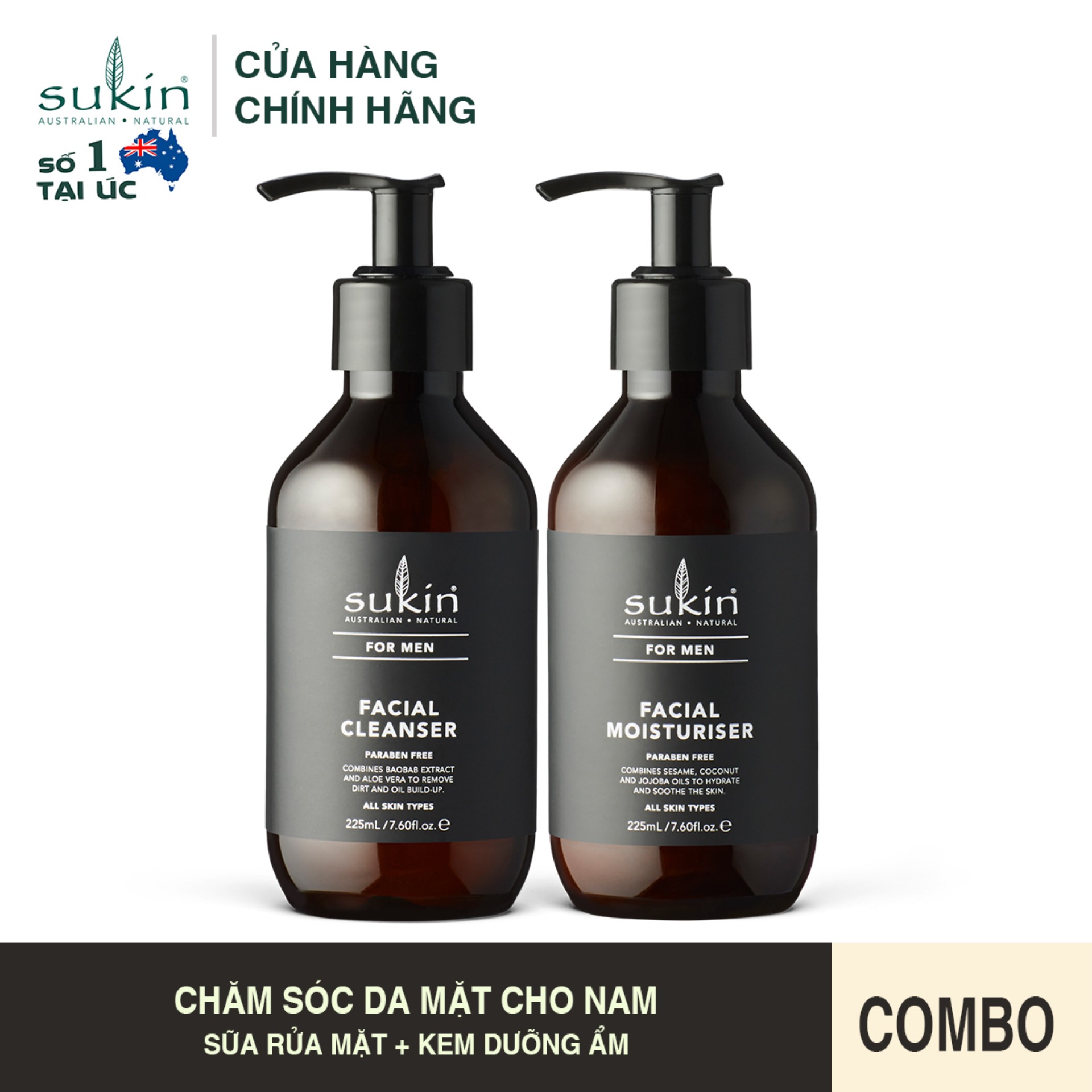 [HCM][QUÀ TẶNG ĐƠN TỪ 300K]Combo Chăm Sóc Da Mặt Cho Nam Sukin For Men Sữa Rửa Mặt  225ml + Kem Dưỡng Ẩm  225ml