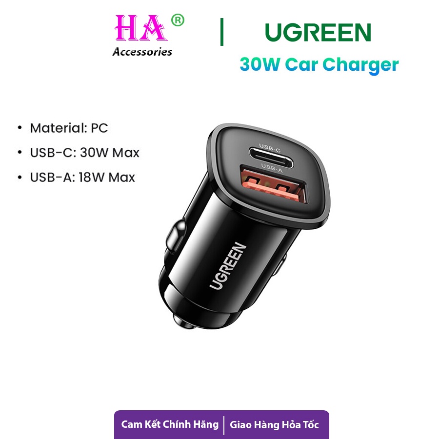 Tẩu sạc ô tô ugreen 30w 1 cổng usb c , 1 cổng usb a sạc nhanh pd qc3.0 afc