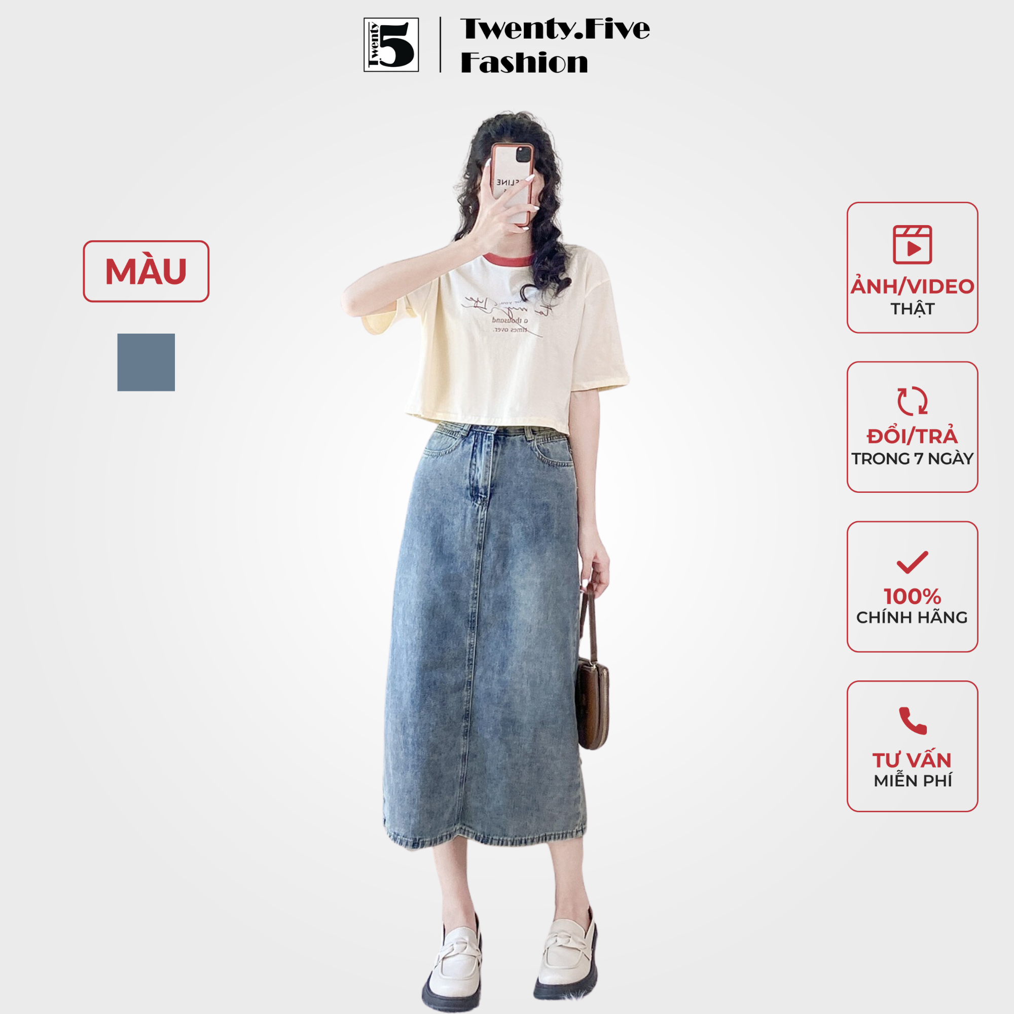 Chân váy jean dài xẻ sau Twenty.Five 5021
