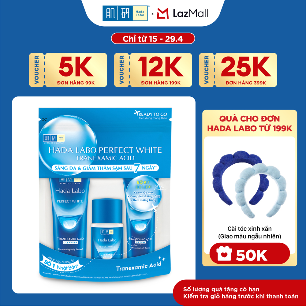 Bộ travel size dưỡng trắng Hada Labo Perfect White Tranexamic Acid Travel Set (Kem rửa mặt 15g+Dung dịch dưỡng 20ml+Kem dưỡng 12g)