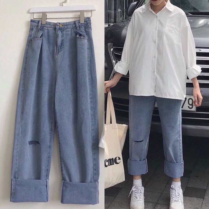 [ NYC ] QUẦN JEAN ỐNG RỘNG NỮ CAO CẤP BABO LƯNG SIÊU CAO MÀU XANH ĐẬM RÁCH GỐI PHẢI CỰC HOT HIT CỰC CÁ TÍNH-NY21