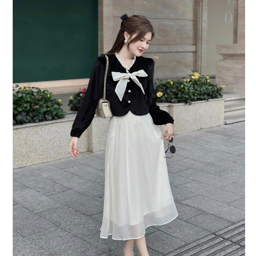 Set bộ tiểu thư áo nhung nơ cổ mix chân váy tơ xoè maxi siêu xinh