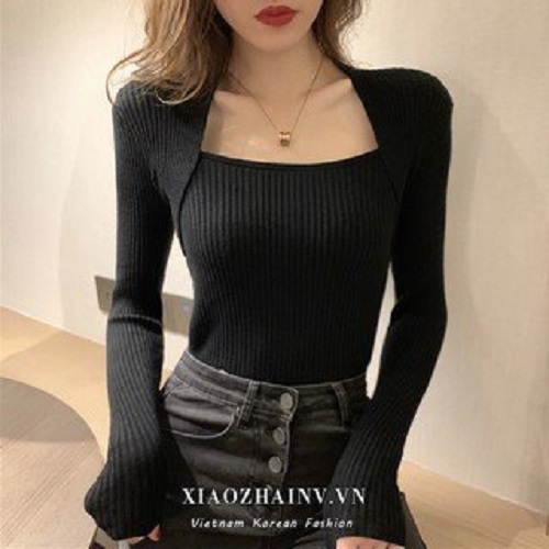 Áo len nữ cổ chữ U dài tay dáng ôm sang chảnh