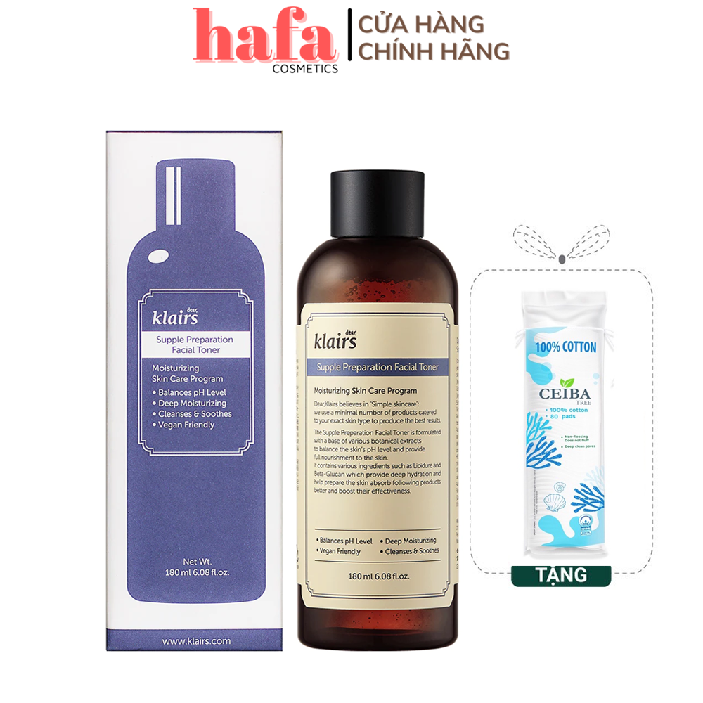 Nước Hoa Hồng Dưỡng Ẩm, Chống Viêm Cho Da Nhạy Cảm Tổn Thương Klairs Supple Preparation Facial Toner 150ml + Tặng Bông Tẩy Trang 80 miếng (Loại ngẫu Nhiên)