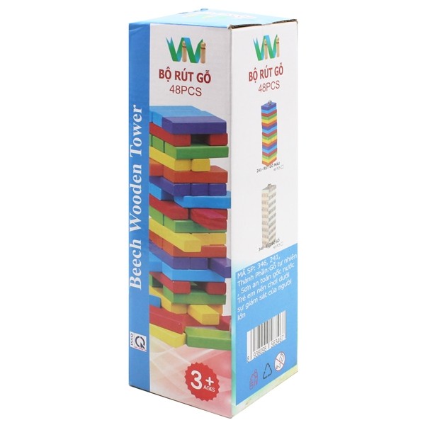 Bộ đồ chơi rút gỗ màu made in Việt Nam, loại lớn 48 thanh gỗ sơn màu (kích thước 7.5x2.5x1.5 cm)
