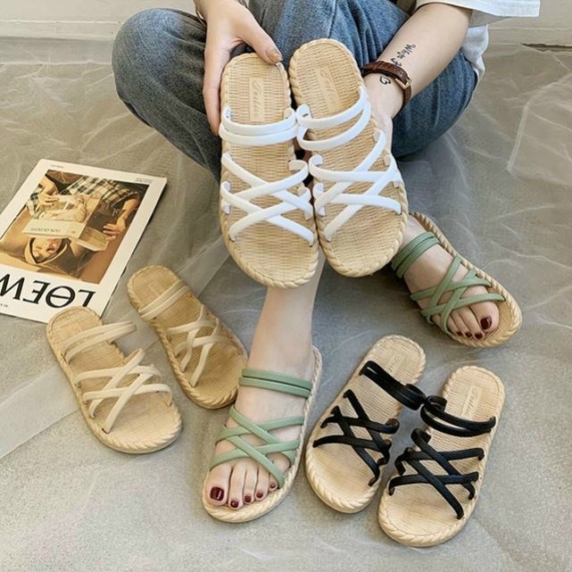Pvn38801 dép sandal cao su giả cói đan quai chéo đi 2 kiểu siêu xinh hàng quảng châu t2 .