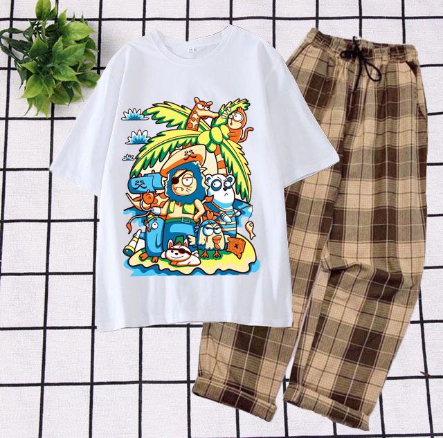 Sét Bộ Thời Trang Ulzzang Nam Nữ Học Sinh Mùa Hè Mặc Đi Chơi, Áo Cotton In Hoạt Hình 3D Nhiều Thú Cây Dừa Kèm Quần Phong Cách