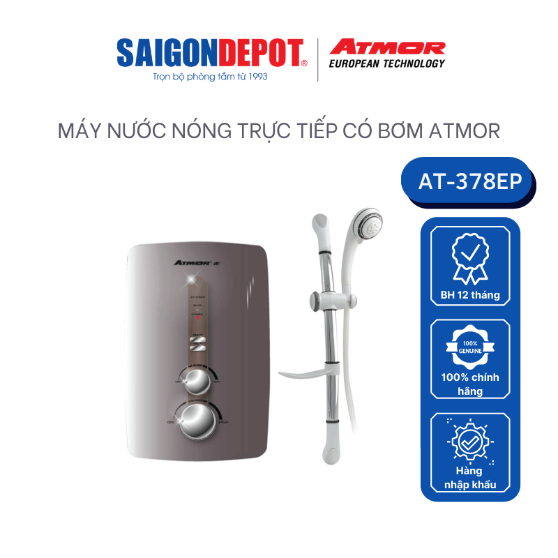 Máy nước nóng trực tiếp có bơm ATMOR AT-378EP có hệ thống ELCB chống giật an toàn - bảo hành chính hãng 2 năm