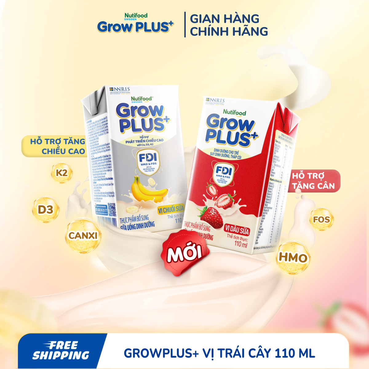 Combo 3 Thùng 24 hộp Sữa bột pha sẵn Nutifood GrowPLUS+ Vị Dâu Sữa hộp 110ml - Hỗ trợ phát triển cân nặng