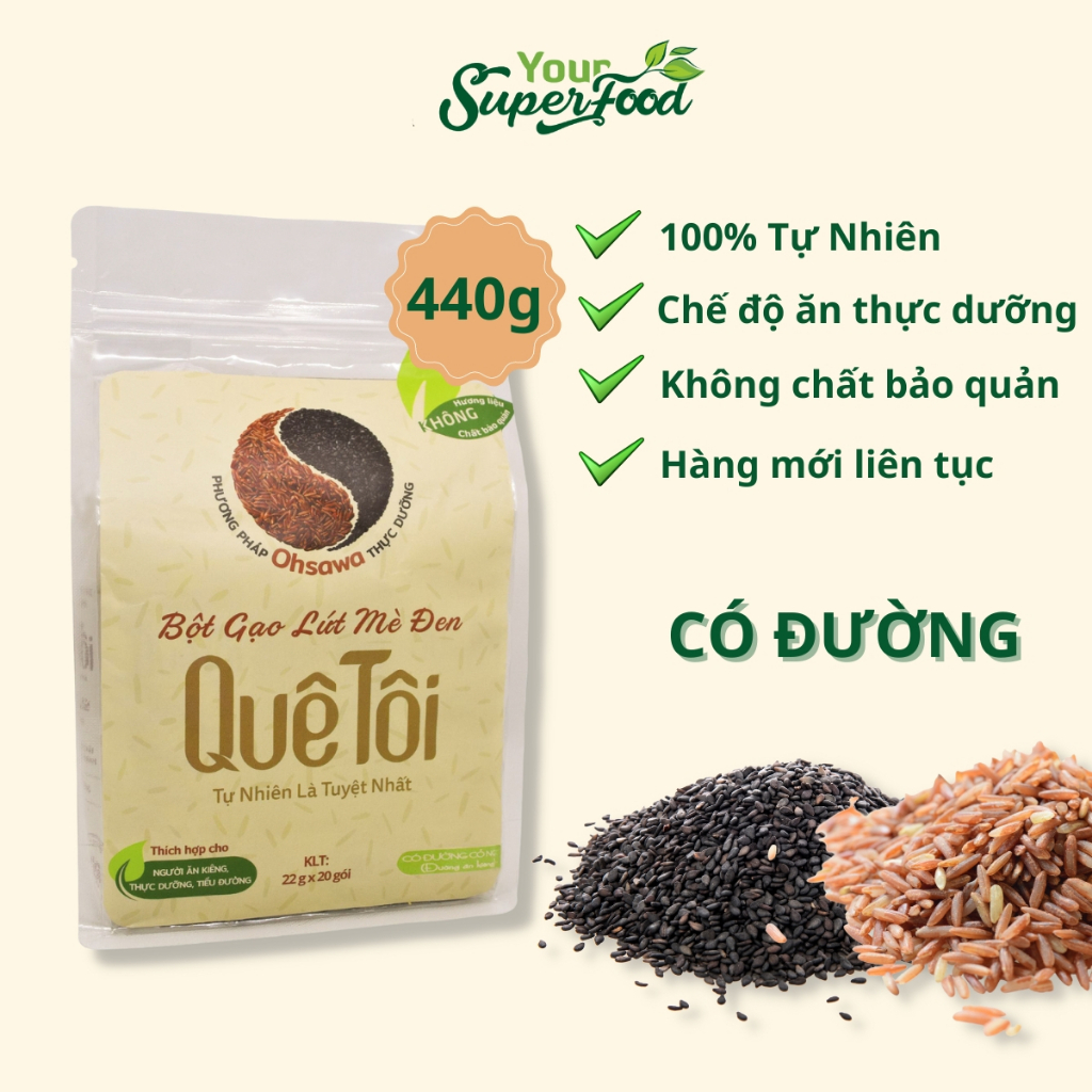 Gạo lứt mè đen quê tôi có đường làm từ gạo lứt, mè đen, đậu đỏ nguyên chất theo công thức thực dưỡng túi 440g