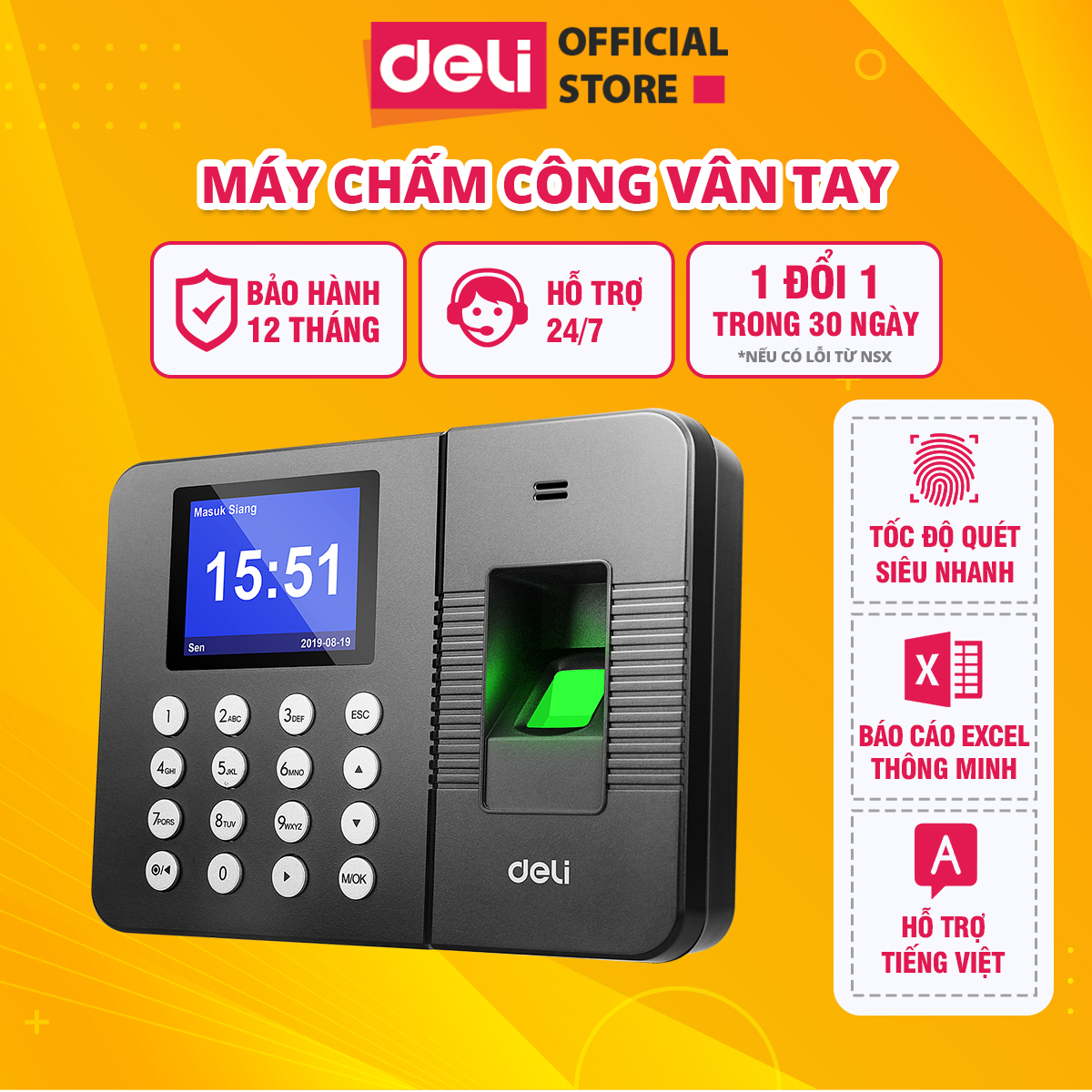 Máy chấm công deli hỗ trợ tiếng việt máy chấm công quét vân tay dung lượng lưu trữ thông tin lớn, báo cáo excel thông minh, không cần cài đặt phần mềm , màn hình lcd 2.4 inch, cổng kết nối usb thiết bị văn phòng doanh nghiệp
