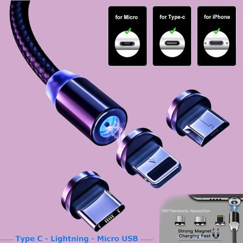 Cáp sạc từ 3 đầu hít nam châm ip, android, dây cáp dù cao cấp chống rối, lightnig - micro usb - type c - tuhaistore