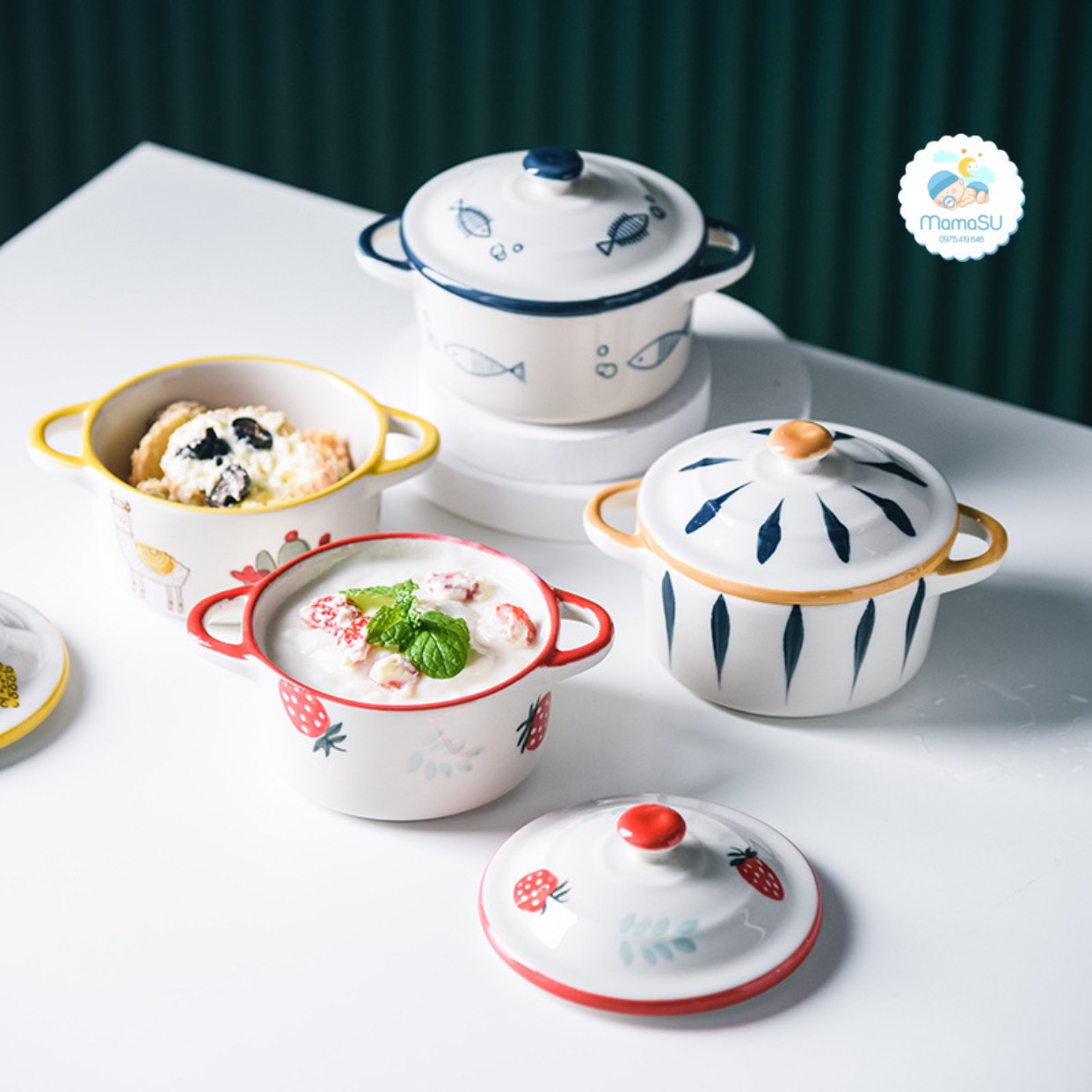 Bát chén sứ ăn dặm làm bánh flan caramen hình nồi có nắp cho bé