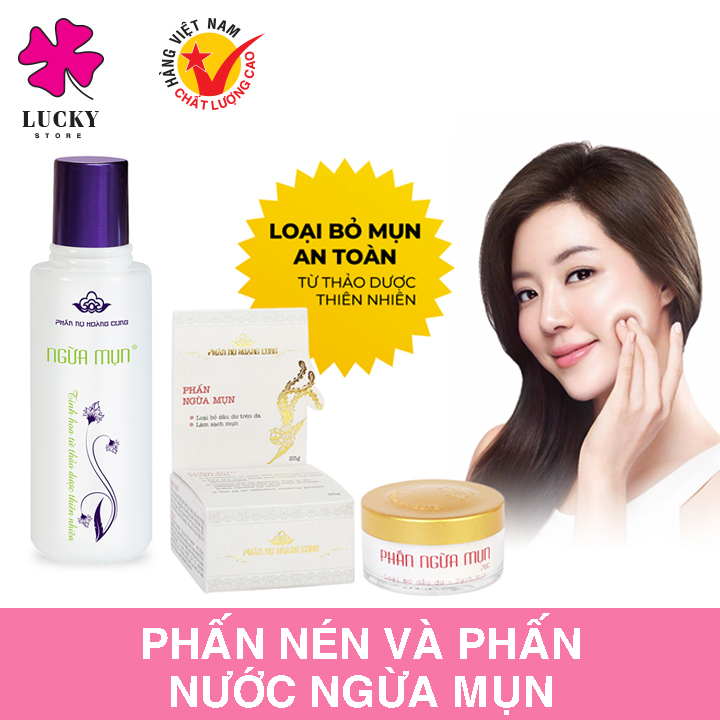 Combo phấn nén ngừa mụn và phấn nước ngừa mụn phấn nụ hoàng cung -Phấn nén ngừa mụn 25 g ,bôi ban ngày như lớp nền mịn da -Phấn nước ngừa mụn 120 ml đắp mặt buổi tối