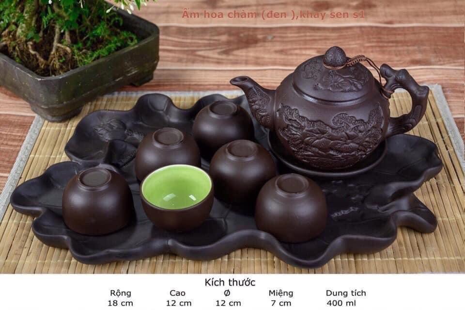 Bộ ấm chén Tử Sa Bát Tràng Hoa châm, khay lá sen