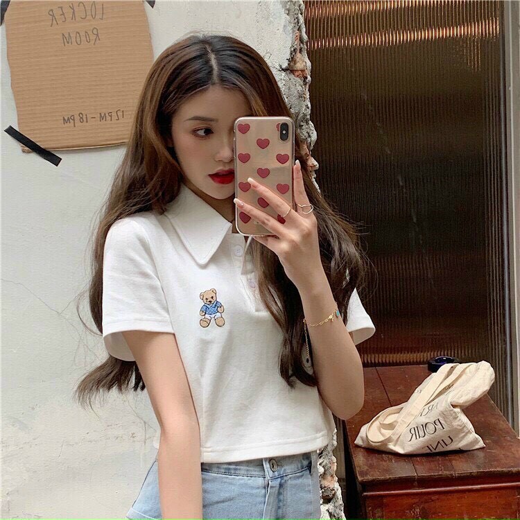 Áo croptop cổ sơ mi in hình chú gấu dễ thương