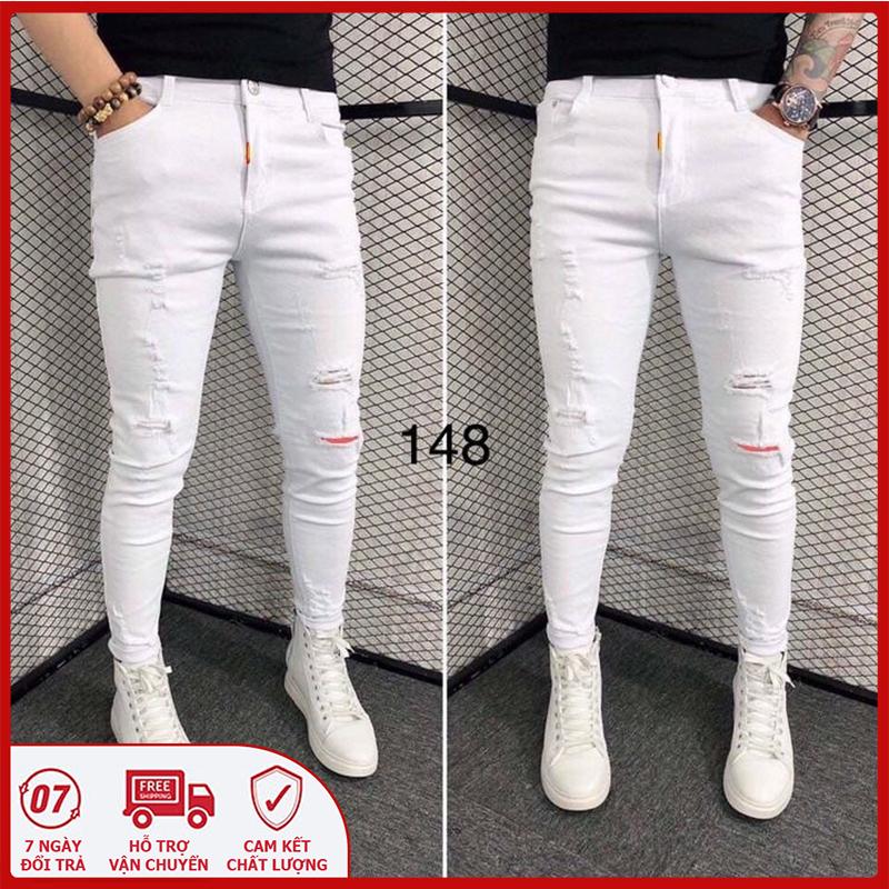 QUẦN JEAN NAM CAO CẤP MÀU TRẮNG TRƠN RÁCH GỐI VẢI LÓT NỔI BẬT JN 148