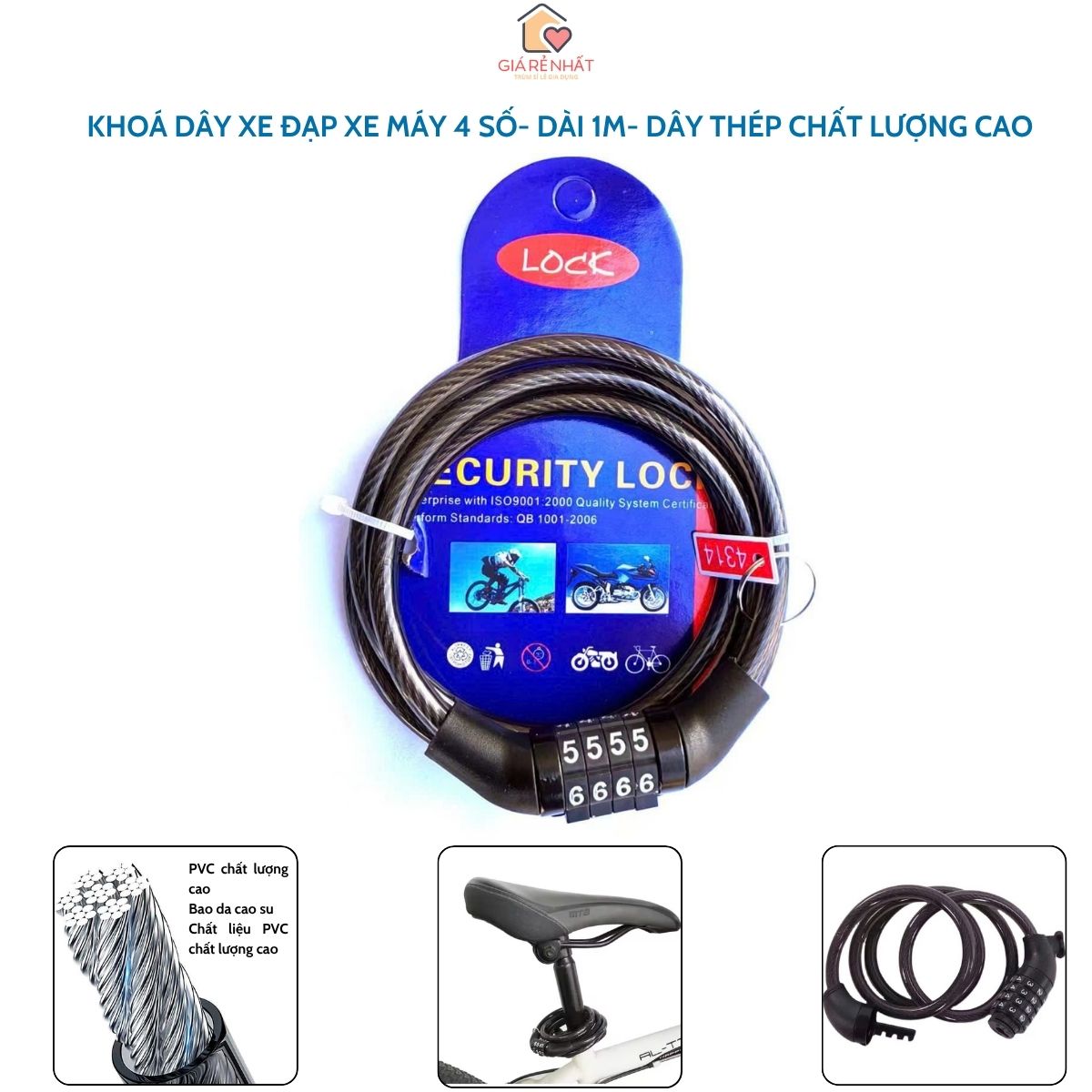 Khoá Dây Xe Đạp Xe Máy Mật Mã 4 Số, Loại Dài 1M Sử Dụng Dây Thép Cao Cấp Chống Cắt, Dùng Khoá Xe Máy, Cổng Nhà, Chống Trộm