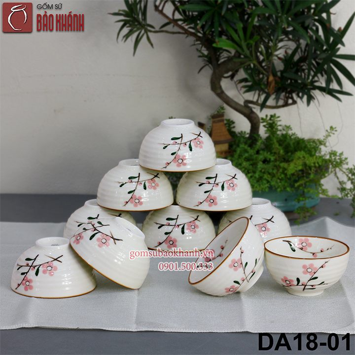Bát ăn cơm men kem vẽ hoa đào - bộ bát cơm, chén cơm, chén ăn cơm cao cấp