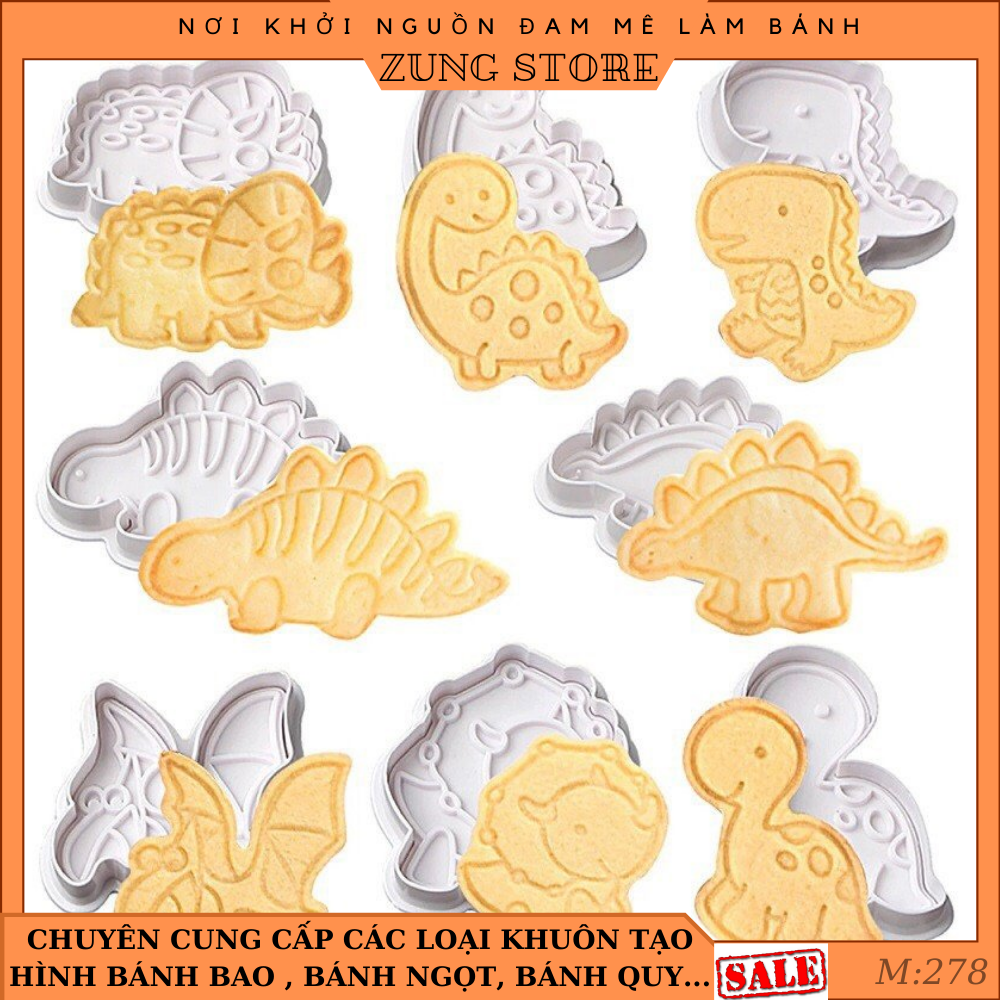 Bộ 8 Khuôn Nhấn Làm Bánh Quy Hình Khủng Long, Khuôn Lò Xo Cắt Bột Tạo Hình Bánh Cookie, Fondant Trang Trí Bánh Kem M278