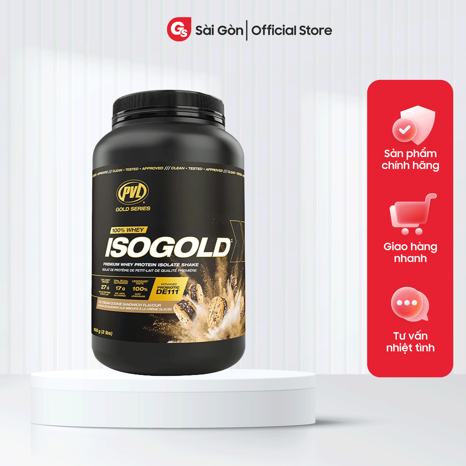 Sữa tăng cơ Pvl Iso Gold, Premium Isolate 100% Whey Protein Powder With Probiotic, 2 Lbs (908 Gram) nhập khẩu Canada - Gymstore