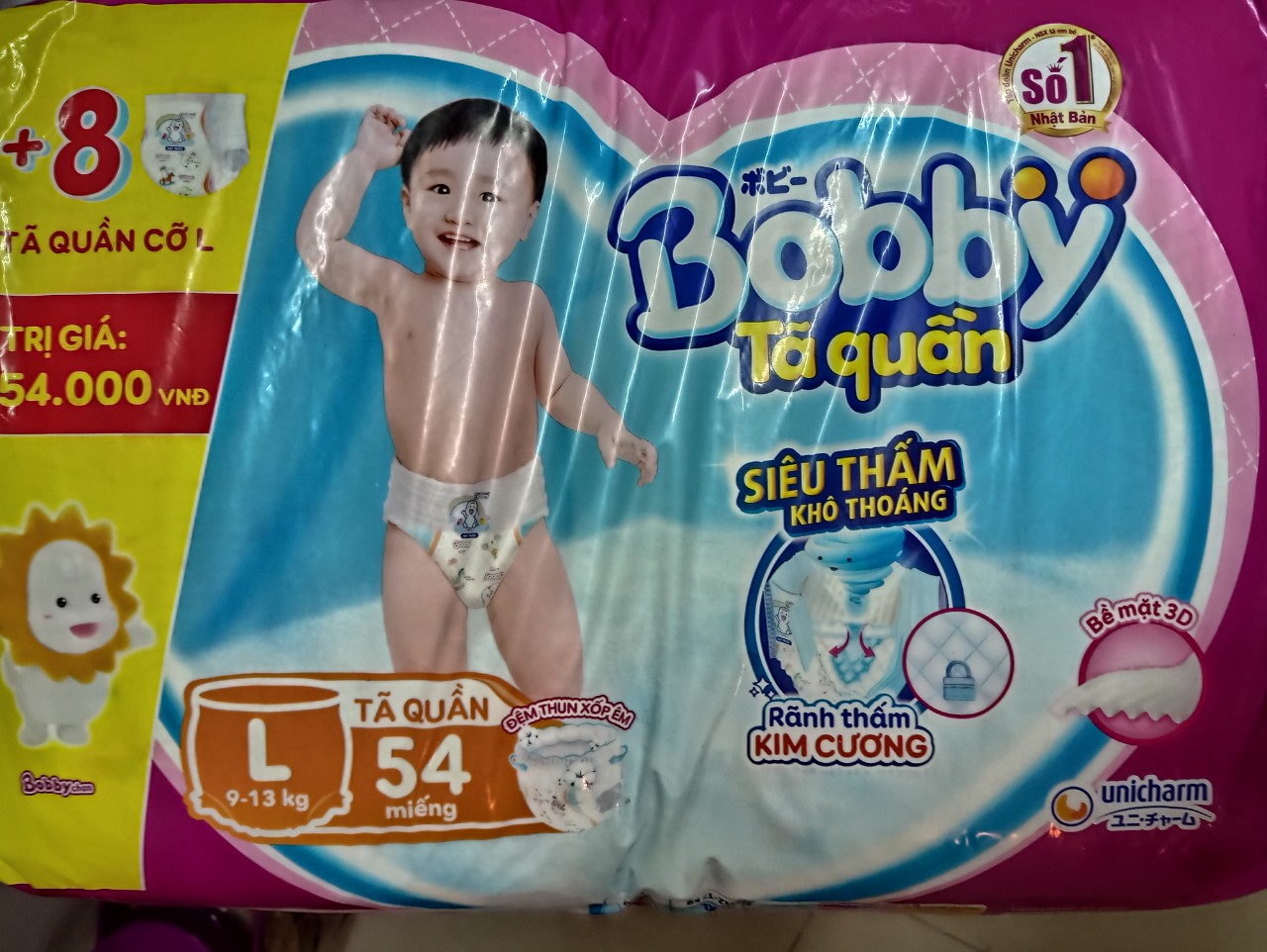 Tã Quần Bobby Gói Siêu Lớn L54, M62+ 8 Miếng Cùng Size