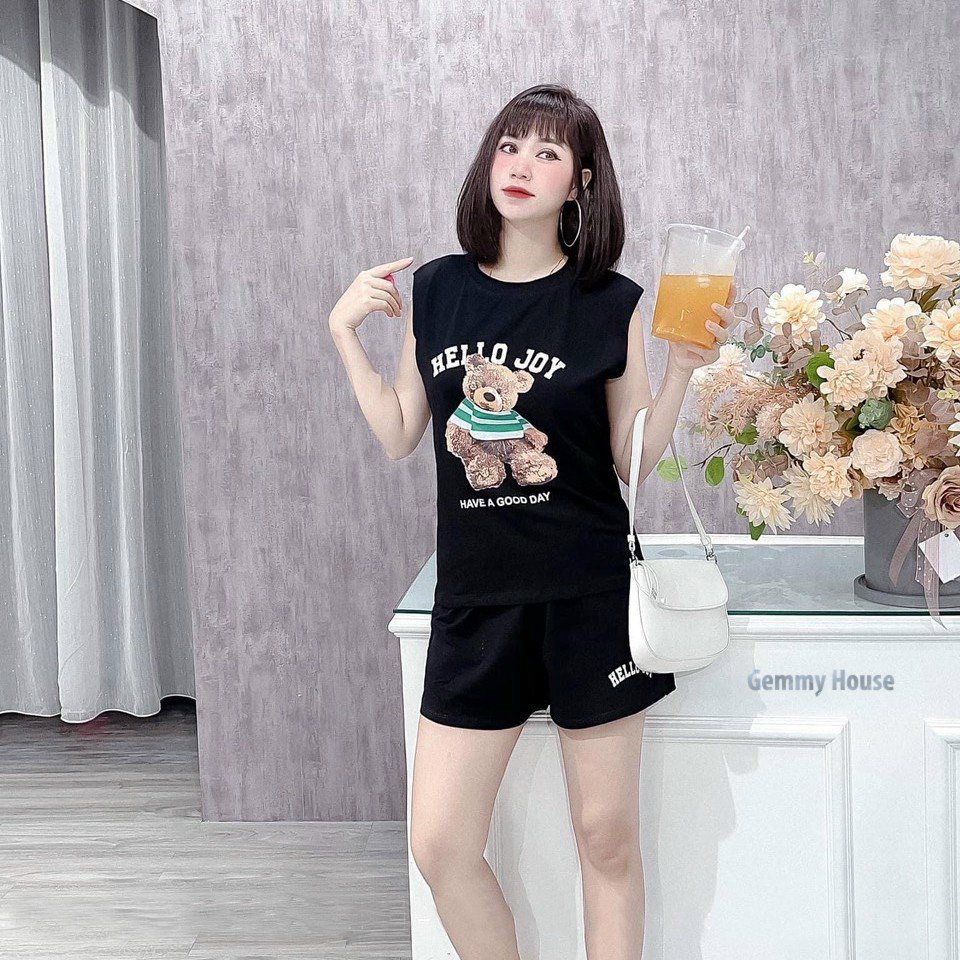 Sét bộ thun conton in hoạt hình gấu mặc nhà dạo bộ cực mát. tp