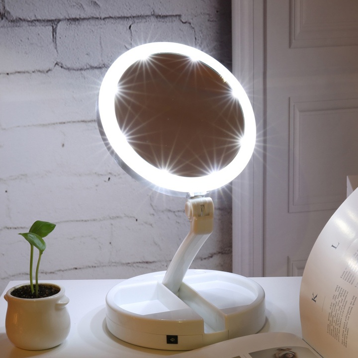 GƯƠNG TRANG ĐIỂM TRÒN TÍCH HỢP ĐÈN LED GẤP GỌN [ Gương trang điểm để bàn, Gương trang điểm đèn LED, Gương trang điểm dễ thương]