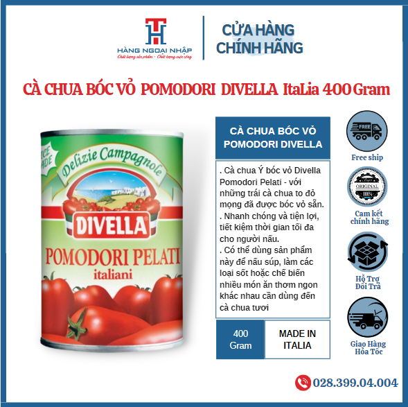 Cà chua bóc vỏ - pomodori pelati divella italia 400 gram