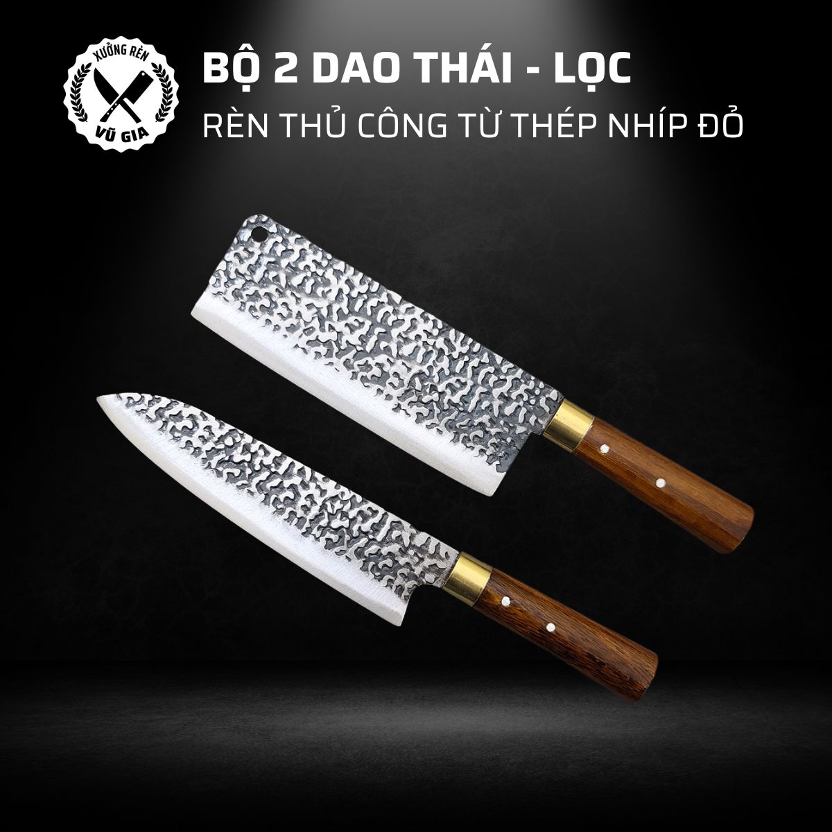 Bộ 2 dao thái lọc thép nhíp dập vân 2 mặt cao cấp - cán cẩm chỉ khâu đồng
