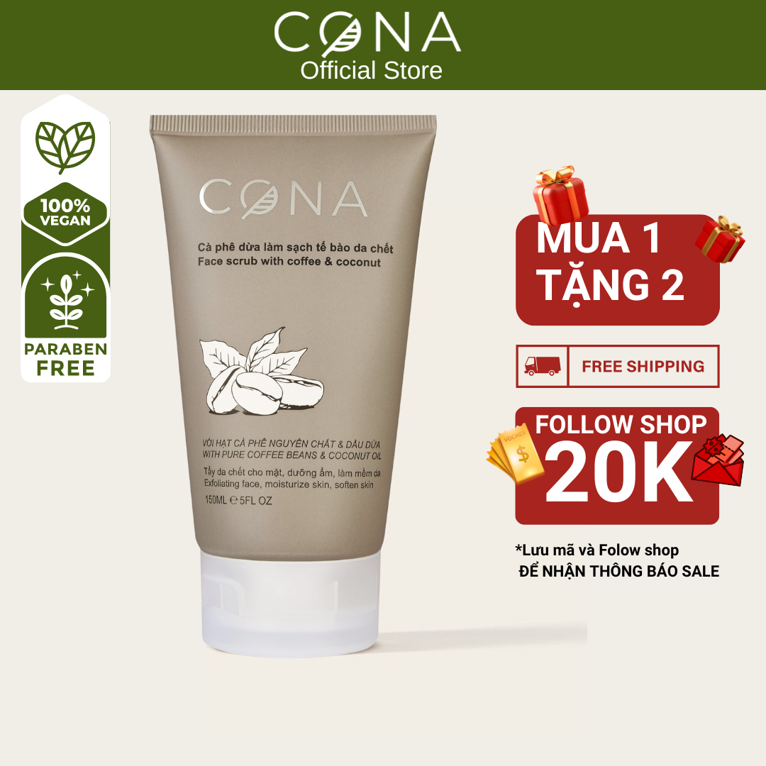 Cà phê tẩy da chết mặt Cona 150ml ,cà phê dừa làm sạch da chết mặt, giúp da sáng mịn đều màu
