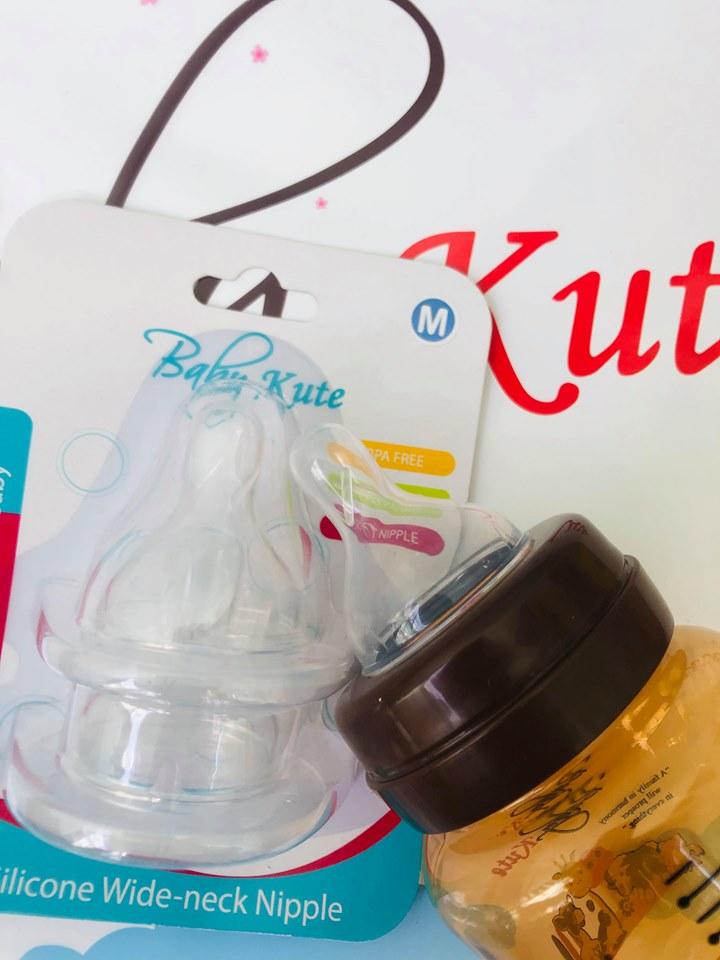 Bình sữa bằng nhựa PP Baby Kute 140ML kiểu tay cầm nhập khẩu từ Thái Lan Tặng kèm 2 núm cổ rộng silicone siêu mềm an toàn cho bé