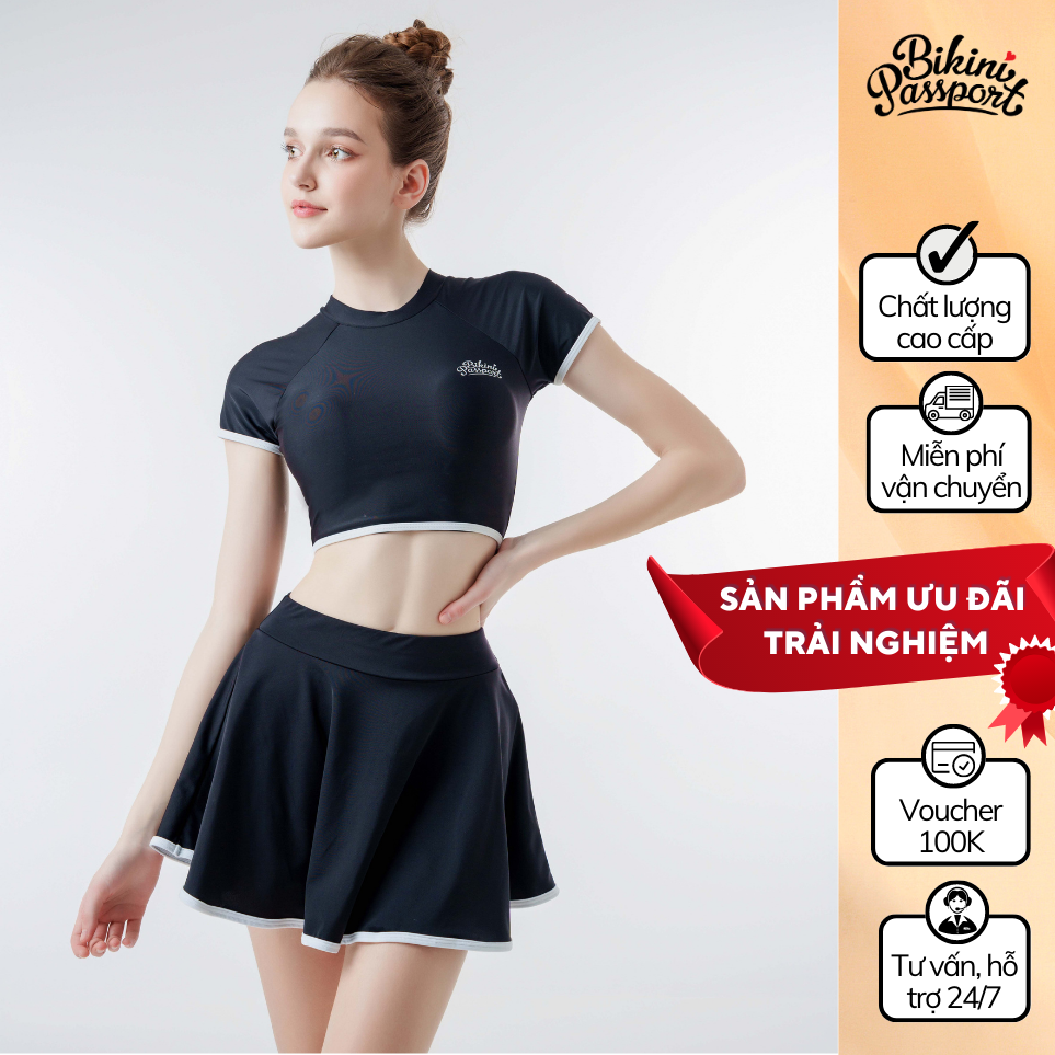 Đồ bơi nữ bikini passport hai mảnh lc dạng váy, áo tay ngắn có logo - màu đen - bs1012_bl