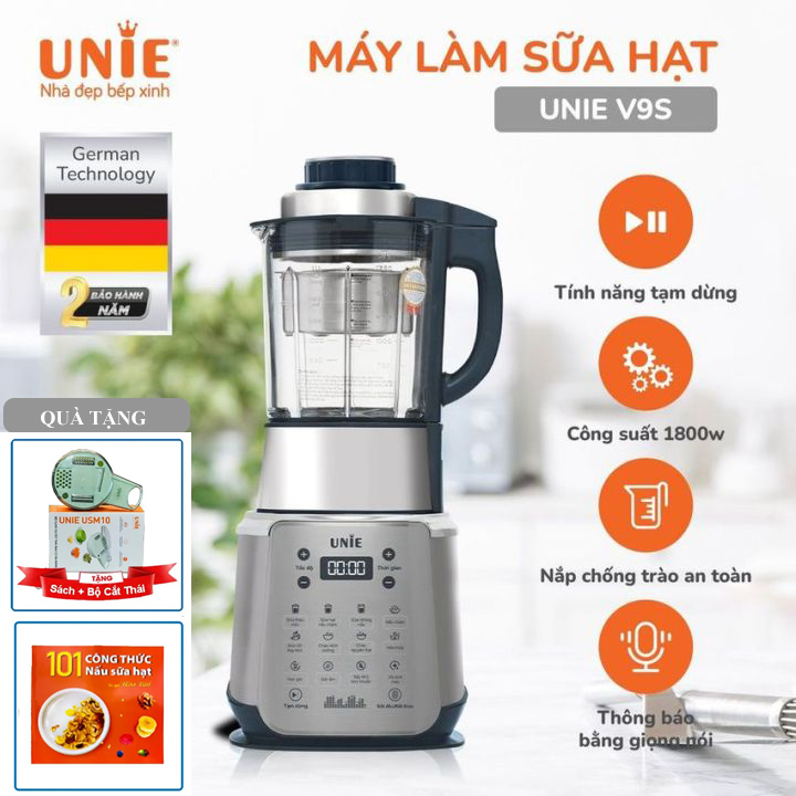 Máy làm sữa hạt đa năng unie v9s, dung tích 1.75l - công suất 1800w - 84.000 vòng/phút, hàng chính hãng-bh 24 tháng