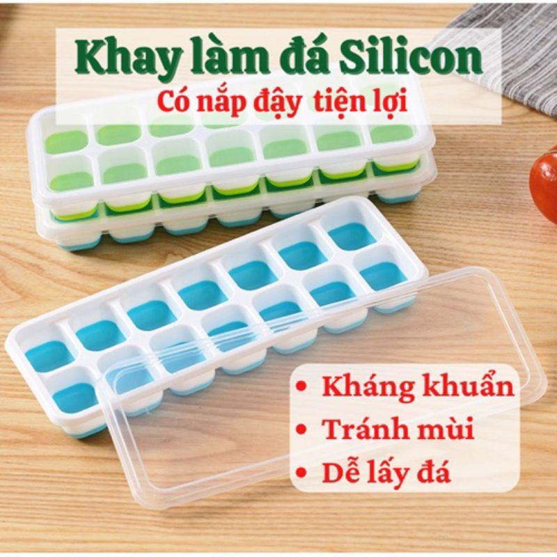 Khay làm đá silicon 14 ô có nắp đậy, khuôn rau câu, khay làm đá viên, khay đá silicon dẻo, khay làm đá silicon