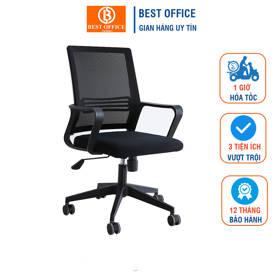 Ghế xoay văn phòng BOX38 màu đen, ghế làm việc lưng lưới thoáng mát, nâng hạ độ cao, xoay tròn