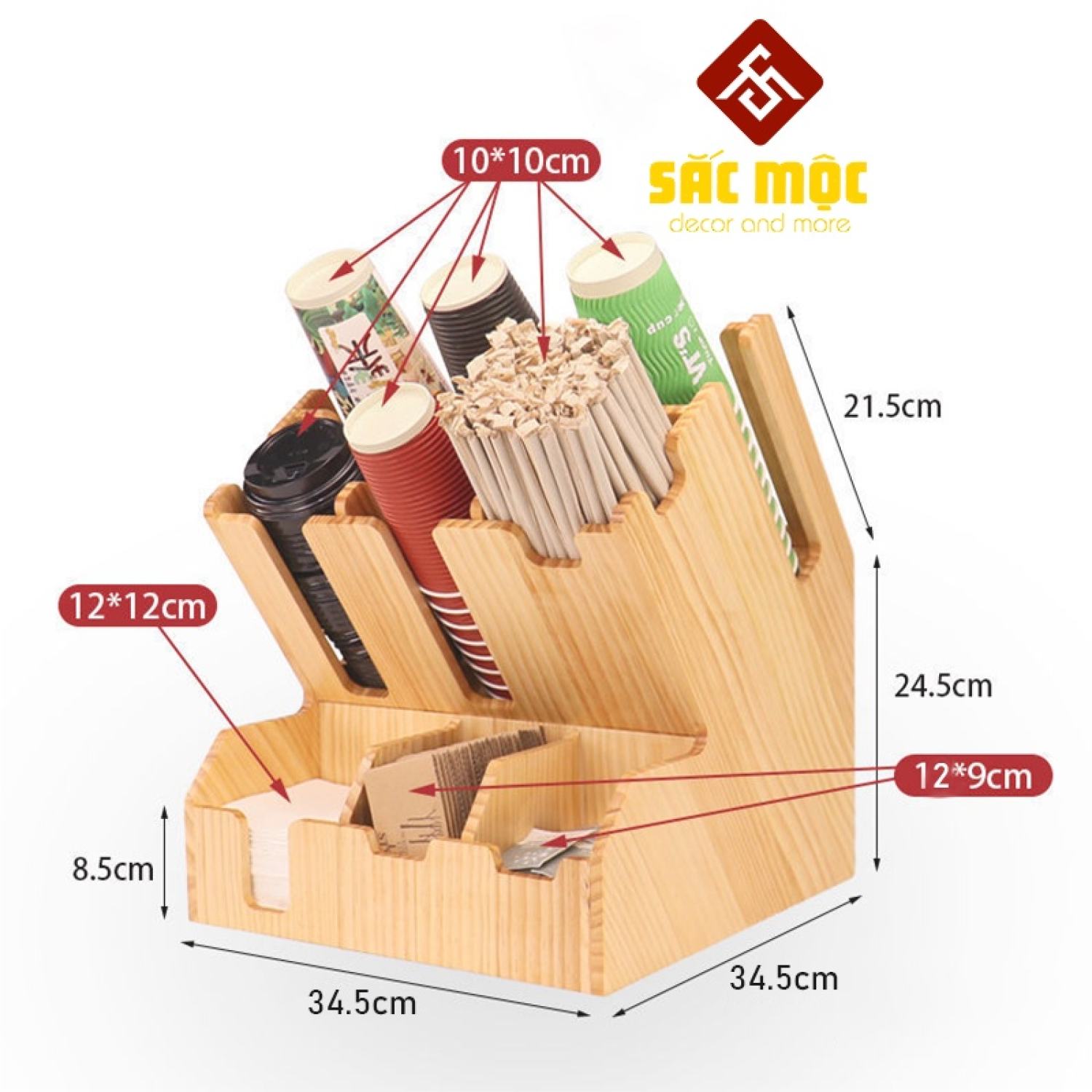 Kệ đựng ly cốc ly trà sữa, ly giấy, ly nhựa, đựng túi trà, đựng ống hút bằng gỗ thông cao cấp