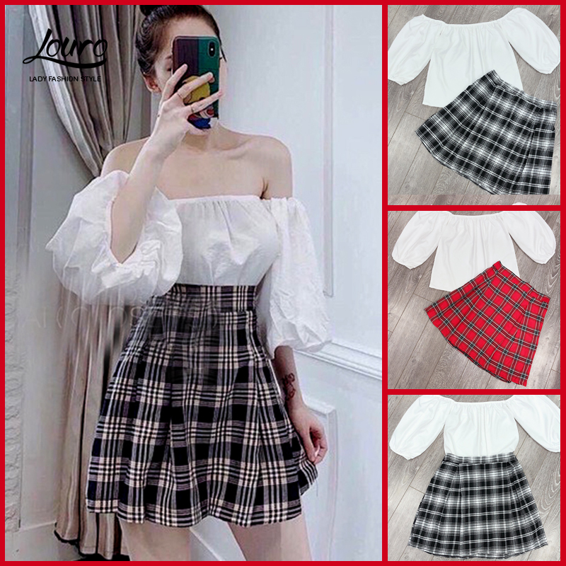 Set đồ nữ áo trễ vai tay phồng chân váy xòe, set đồ nữ cá tính điệu đà tôn dáng thích hợp nhiều dáng -M034