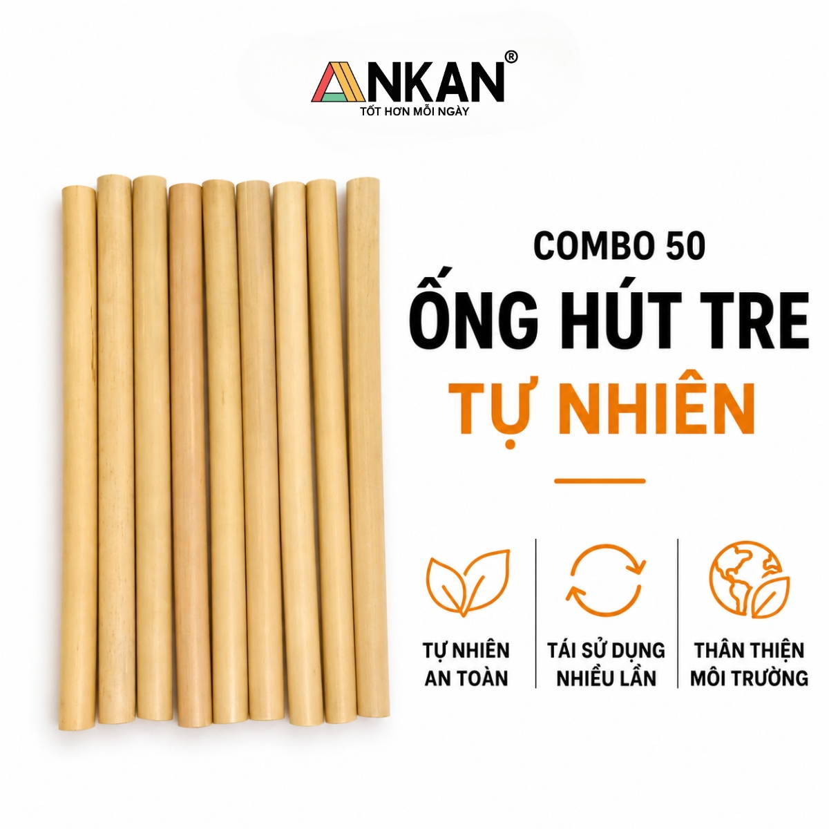 Combo 50 Ống Hút Tre ANKAN Chiều Dài 20cm, Dùng Cho Cá Nhân, Nhà Hàng, Khách Sạn, Quà Tặng Doanh Nghiệp, Có 3 Kích Cỡ Để Lựa Chọn
