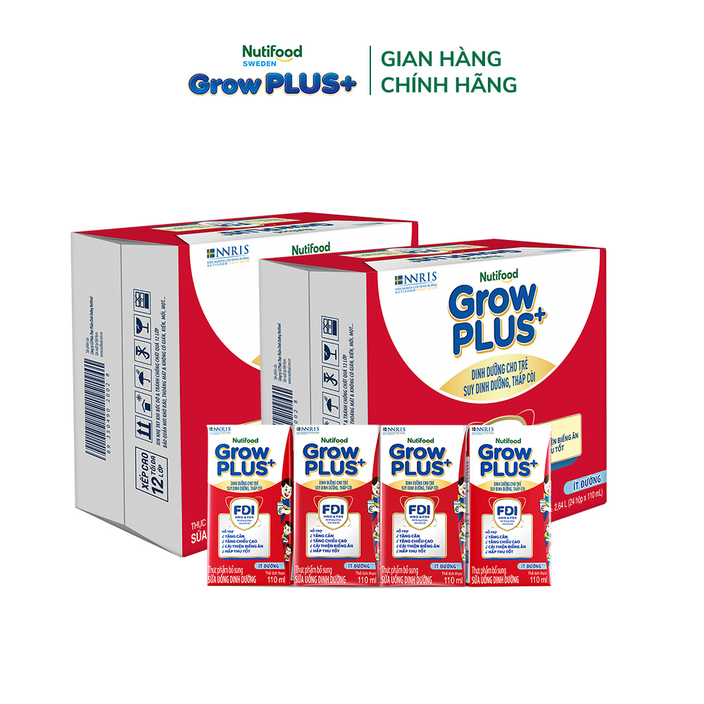 Combo 2 Thùng 24 hộp Sữa Nước Pha Sẵn Nutifood GrowPLUS+ Suy Dinh Dưỡng (Đỏ) - Hỗ Trợ Tăng Cân, Tăng Chiều Cao Ít đường 110ml - Trên 1 tuổi (Bao bì tùy đợt nhập hàng)