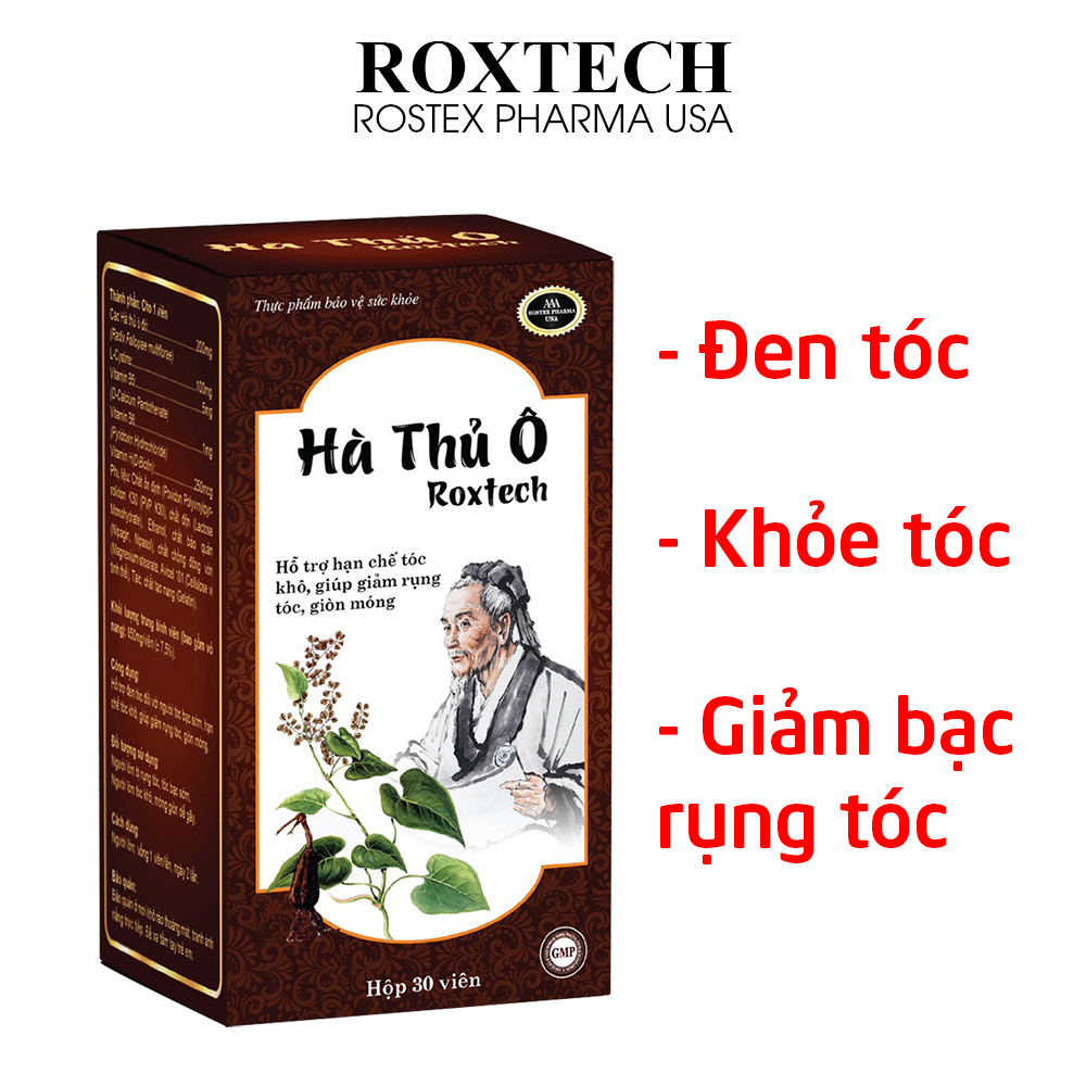 Viên uống đẹp tóc Hà thủ ô Roxtech giúp đen tóc, khỏe móng, giảm bạc tóc, khô tóc, rụng tóc, giòn móng - Chai 30 viên