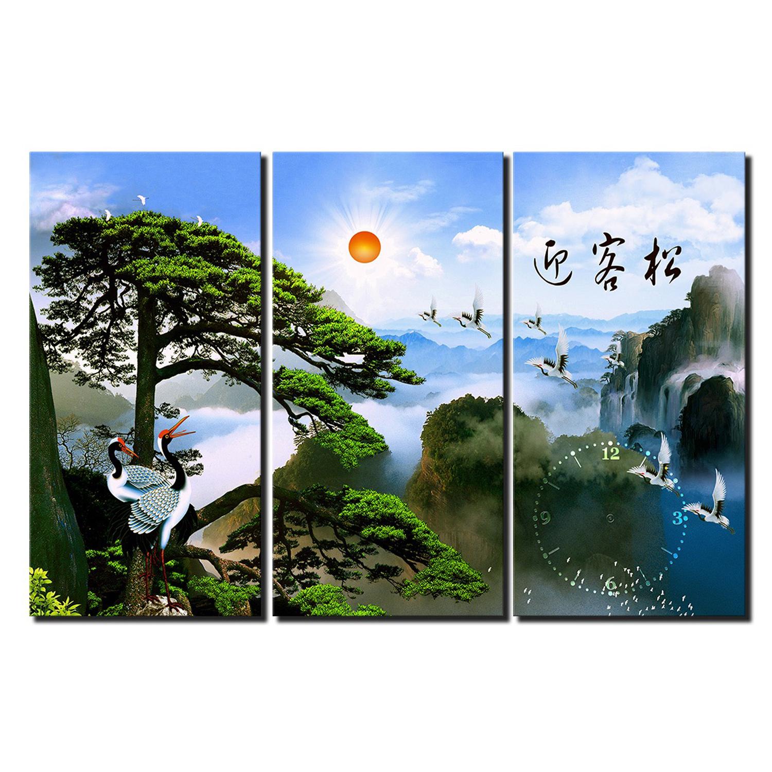 Tranh treo tường - Hạc Báo Bình An 08 - Tranh Minh Hiền ( 3 TRANH GHÉP CÓ ĐỒNG HỒ - KT 60 x 90cm)