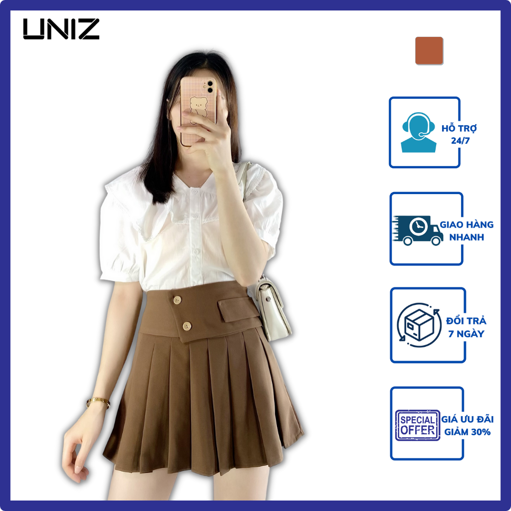 Chân váy tennis xếp ly uniz , ulzzang, dáng ngắn, cúc lệch, túi giả cao cấp, vải tuyết mưa, không lộ