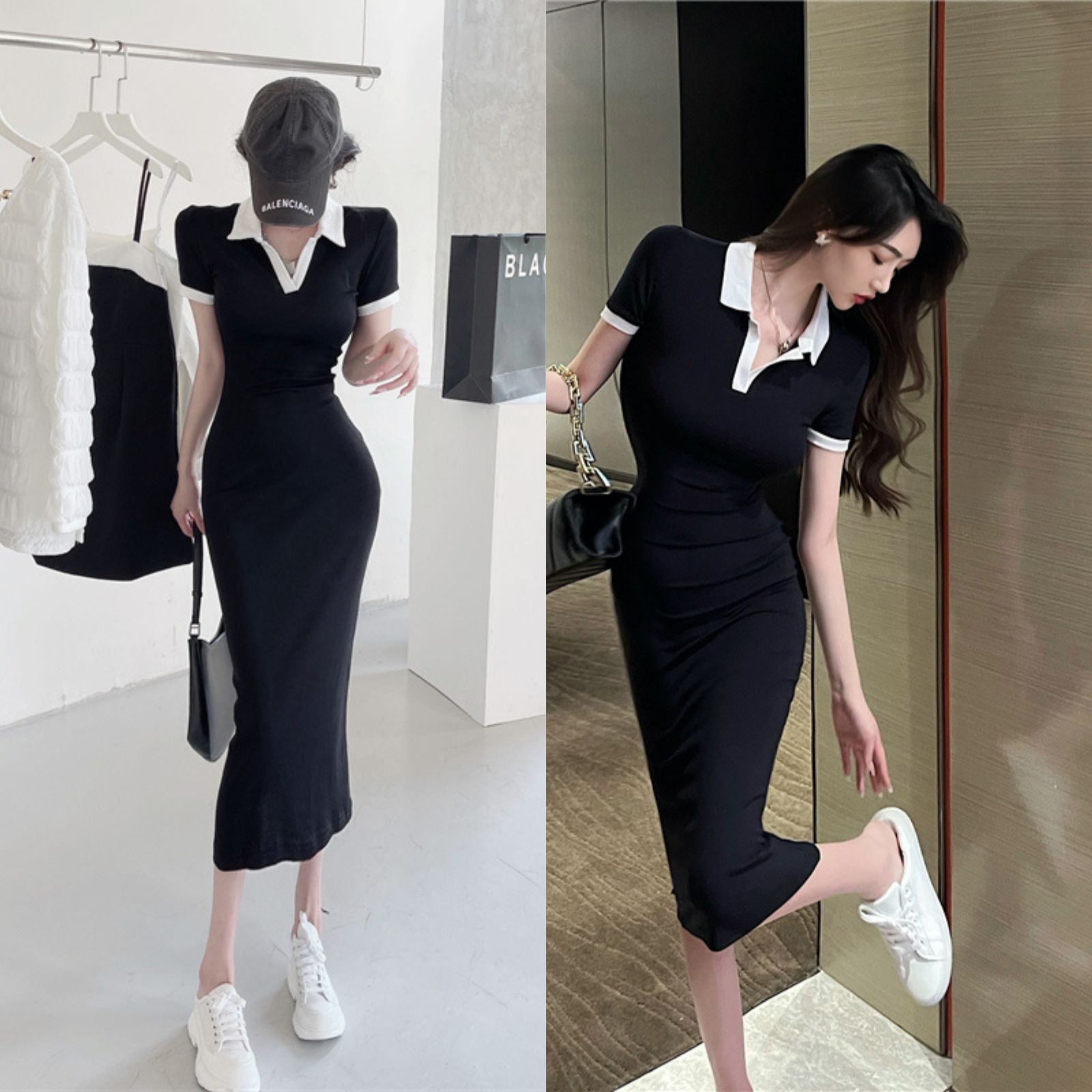 Đầm body dáng dài cổ bẻ kẻ trắng phong cách hàn quốc -d9