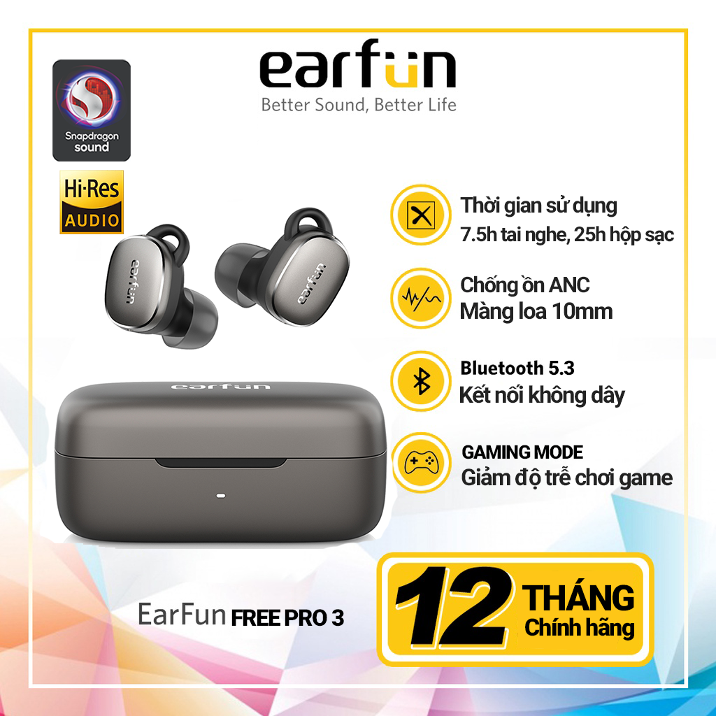 Tai nghe true wireless earfun free pro 3, bluetooth 5.3, chống ồn anc chip qualcomm qcc3072