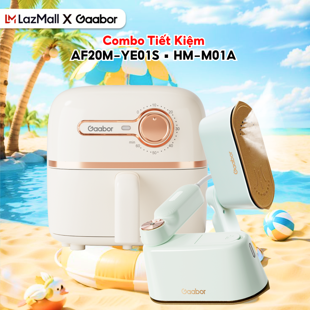 Combo 385 Nồi chiên không dầu 2L Gaabor AF20M-YE01S lòng chống dính hẹn giờ đến 60 phút và bàn ủi hơi nước cầm tay Gaabor HM-M01A tay cầm gấp gọn 180 độ - Bảo hành 12 tháng 1 đổi 1
