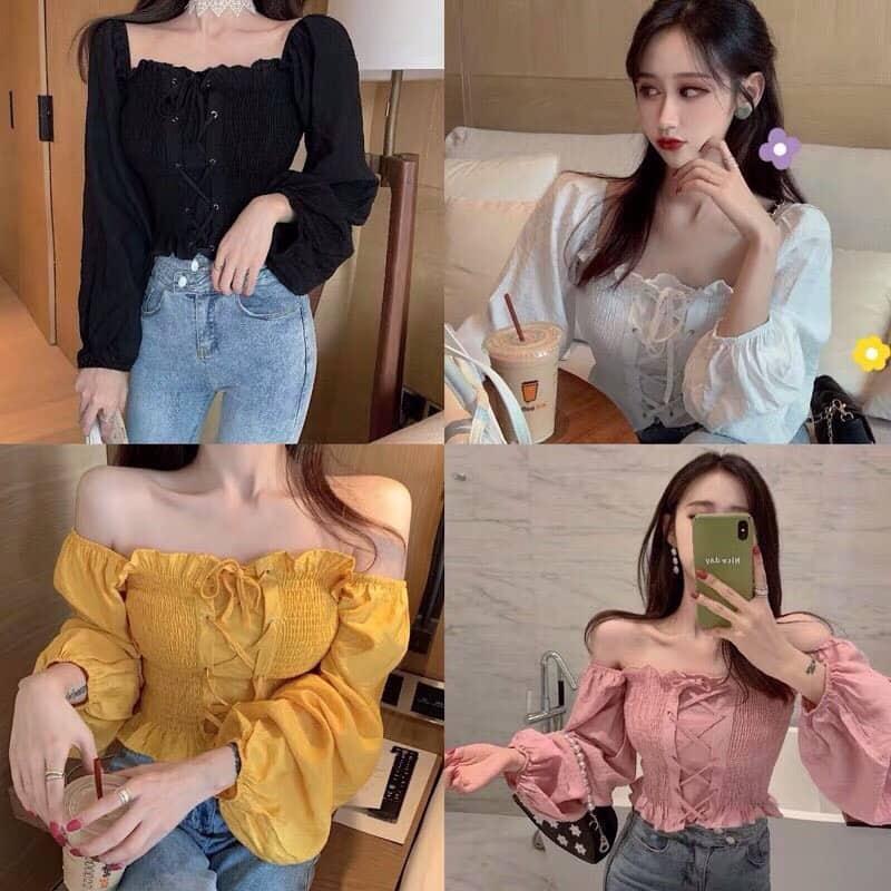 Áo voan nhún tay phồng phối dây đan cực đẹp TTKX0340