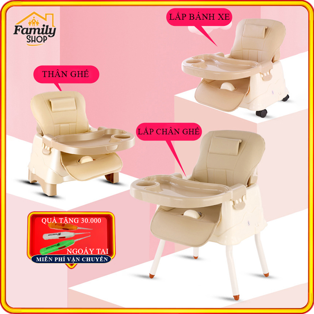 (Có Video hướng dẫn)Ghế ăn dặm gấp gọn cao cấp cho bé 3 chế độ Full đệm- bánh xe- hộp đựng khăn ăn tiện lợi